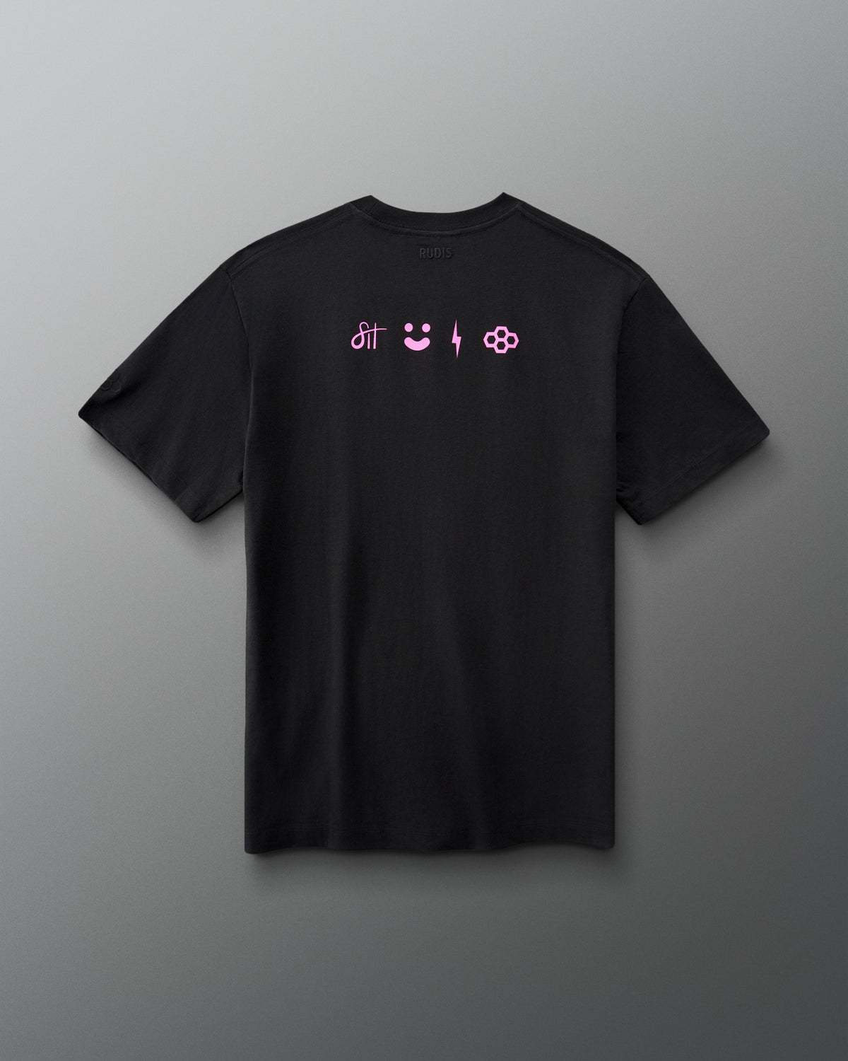 A black short-sleeve crewneck t-shirt with three small pink graphic icons printed across the chest, displayed against a neutral gray background.