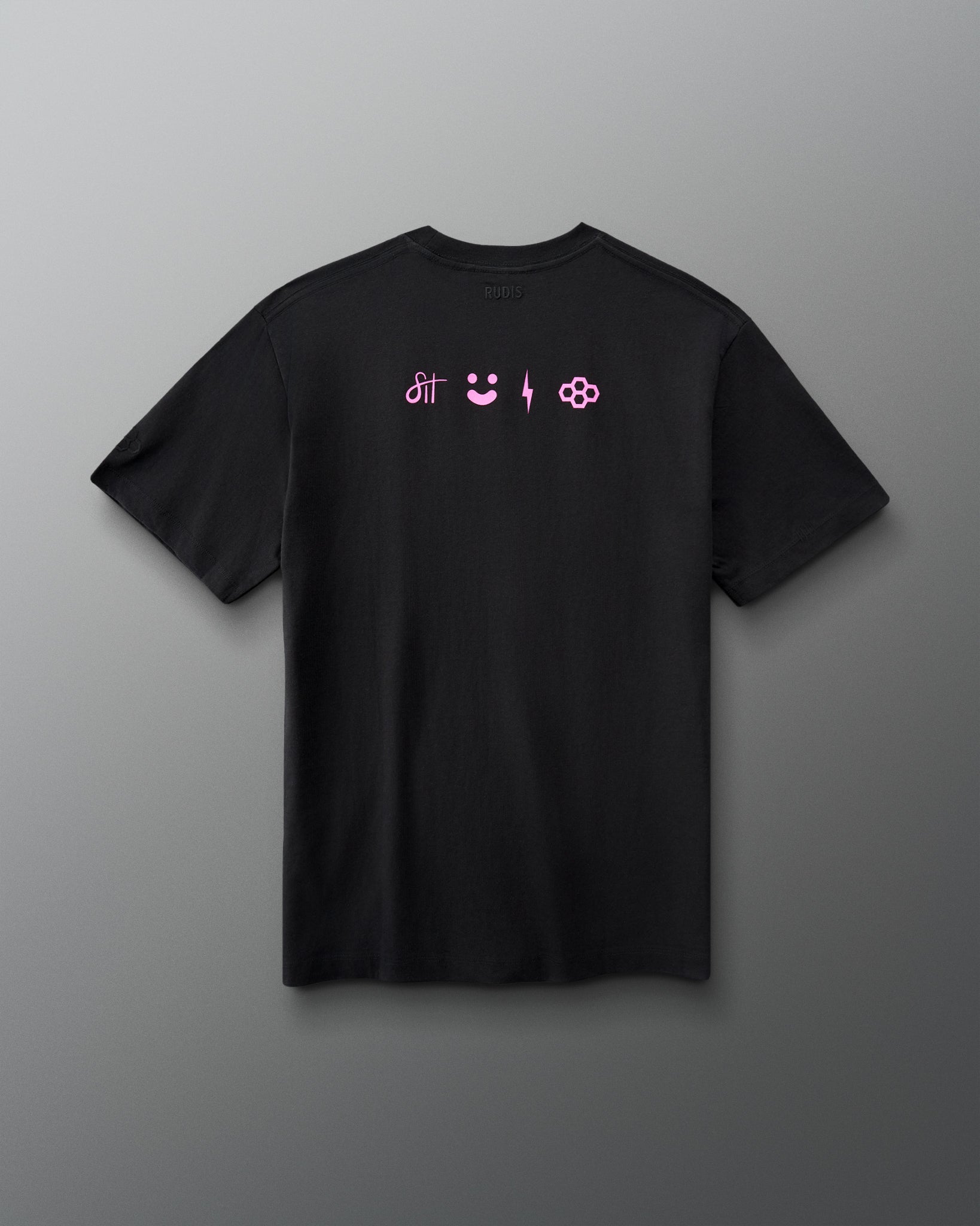 A black short-sleeve crewneck t-shirt with three small pink graphic icons printed across the chest, displayed against a neutral gray background.