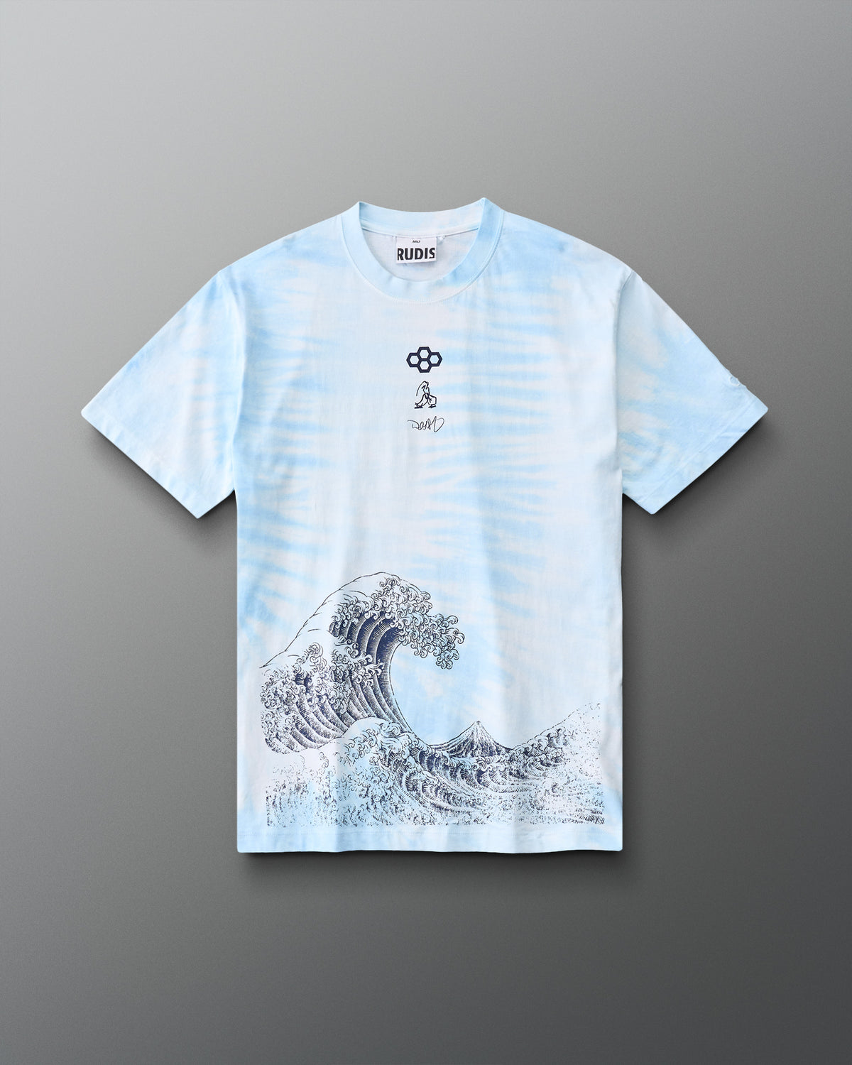 Blue tie-dye RUDIS Samurai Ikigai Classic Cotton T-Shirt featuring Japanese-inspired wave artwork and subtle RUDIS graphics.