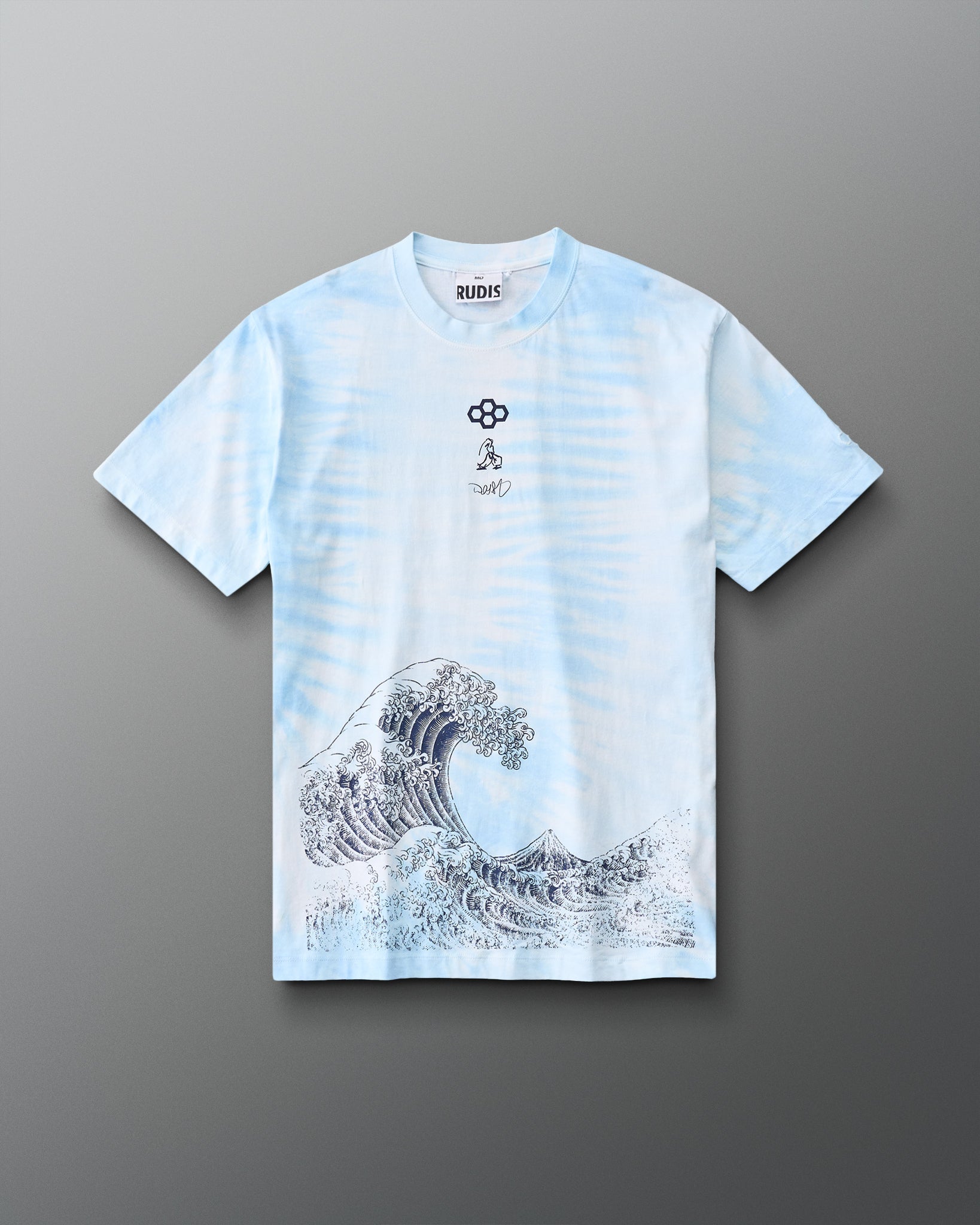 Blue tie-dye RUDIS Samurai Ikigai Classic Cotton T-Shirt featuring Japanese-inspired wave artwork and subtle RUDIS graphics.