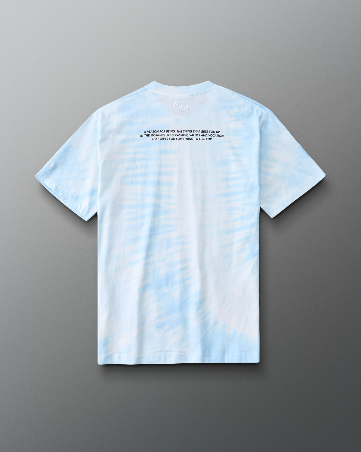 Back of the blue tie-dye RUDIS Samurai Ikigai Classic Cotton T-Shirt featuring an Ikigai-inspired message about purpose, passion, values, and vocation.