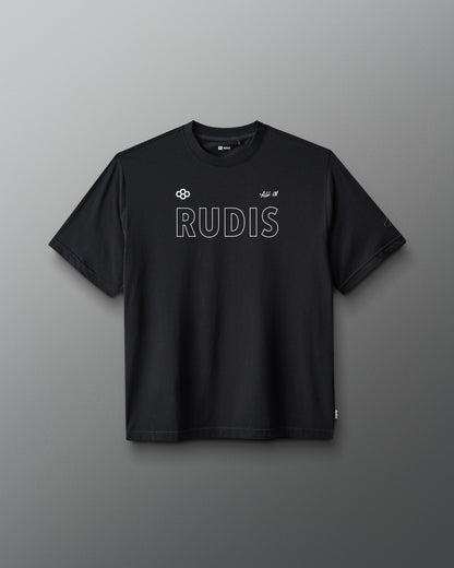 A black short-sleeve crewneck t-shirt with 'RUDIS' printed in white outline text across the chest, displayed against a dark gray gradient background.