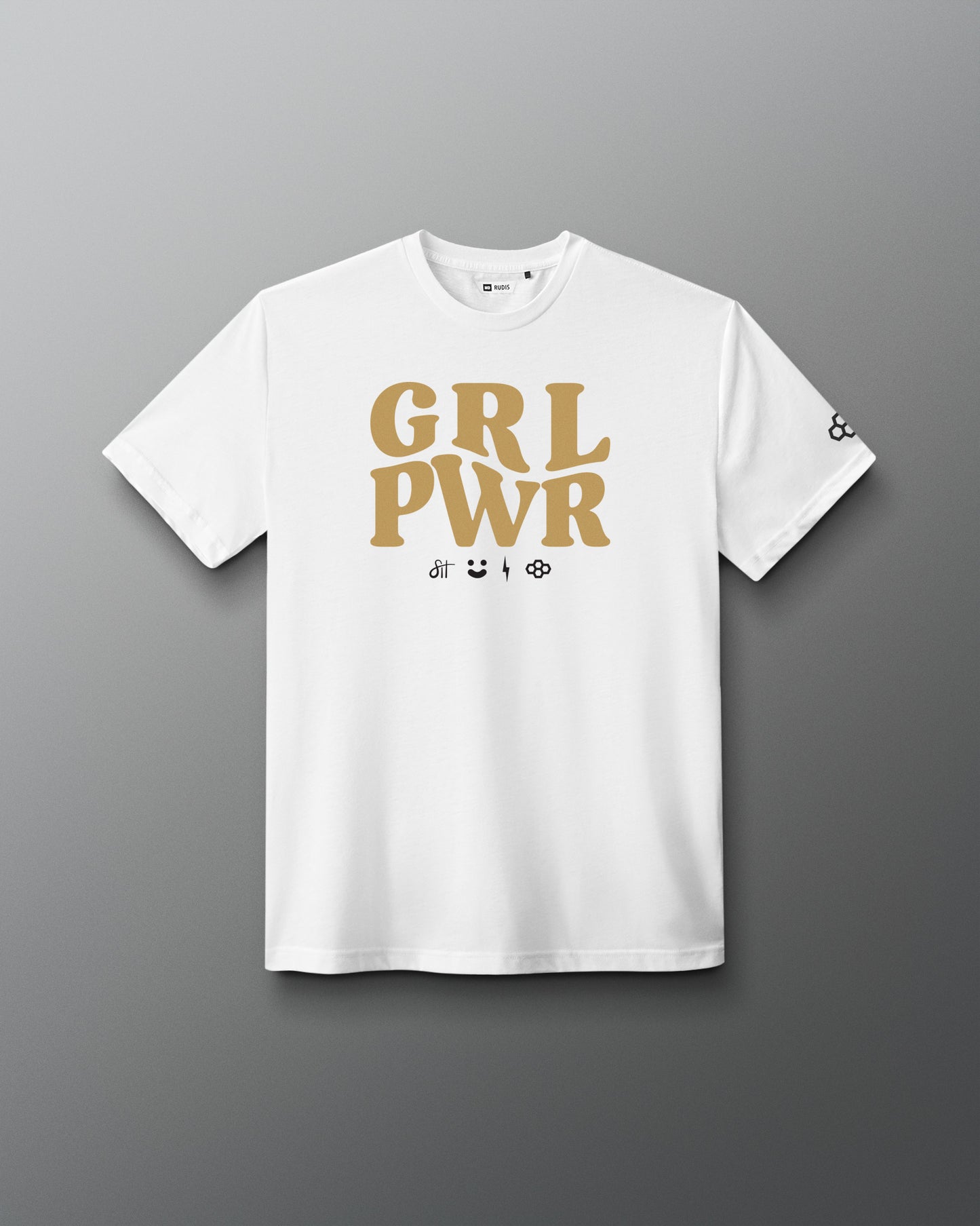 A white short-sleeve crewneck t-shirt with a gold 'GRL PWR' graphic on the chest and small black icons underneath, displayed against a dark gray gradient background.