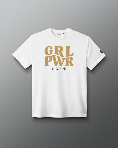 A white short-sleeve crewneck t-shirt with a gold 'GRL PWR' graphic on the chest and small black icons underneath, displayed against a dark gray gradient background.