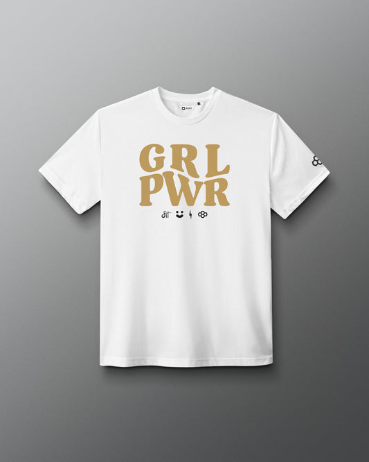 A white short-sleeve crewneck t-shirt with a gold 'GRL PWR' graphic on the chest and small black icons underneath, displayed against a dark gray gradient background.