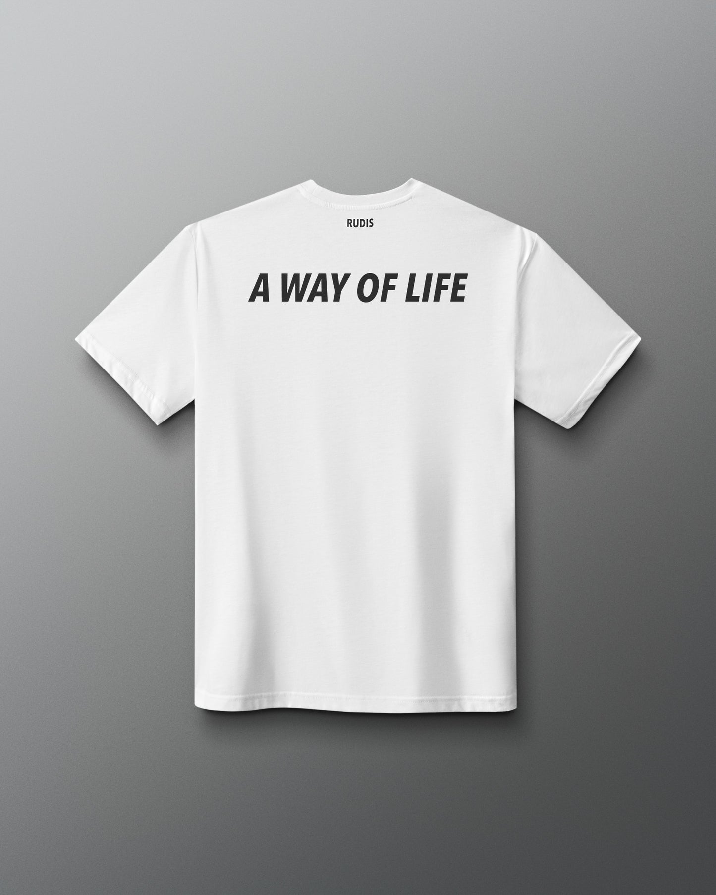 White t-shirt with 'A Way of Life' text on the back against a gray background