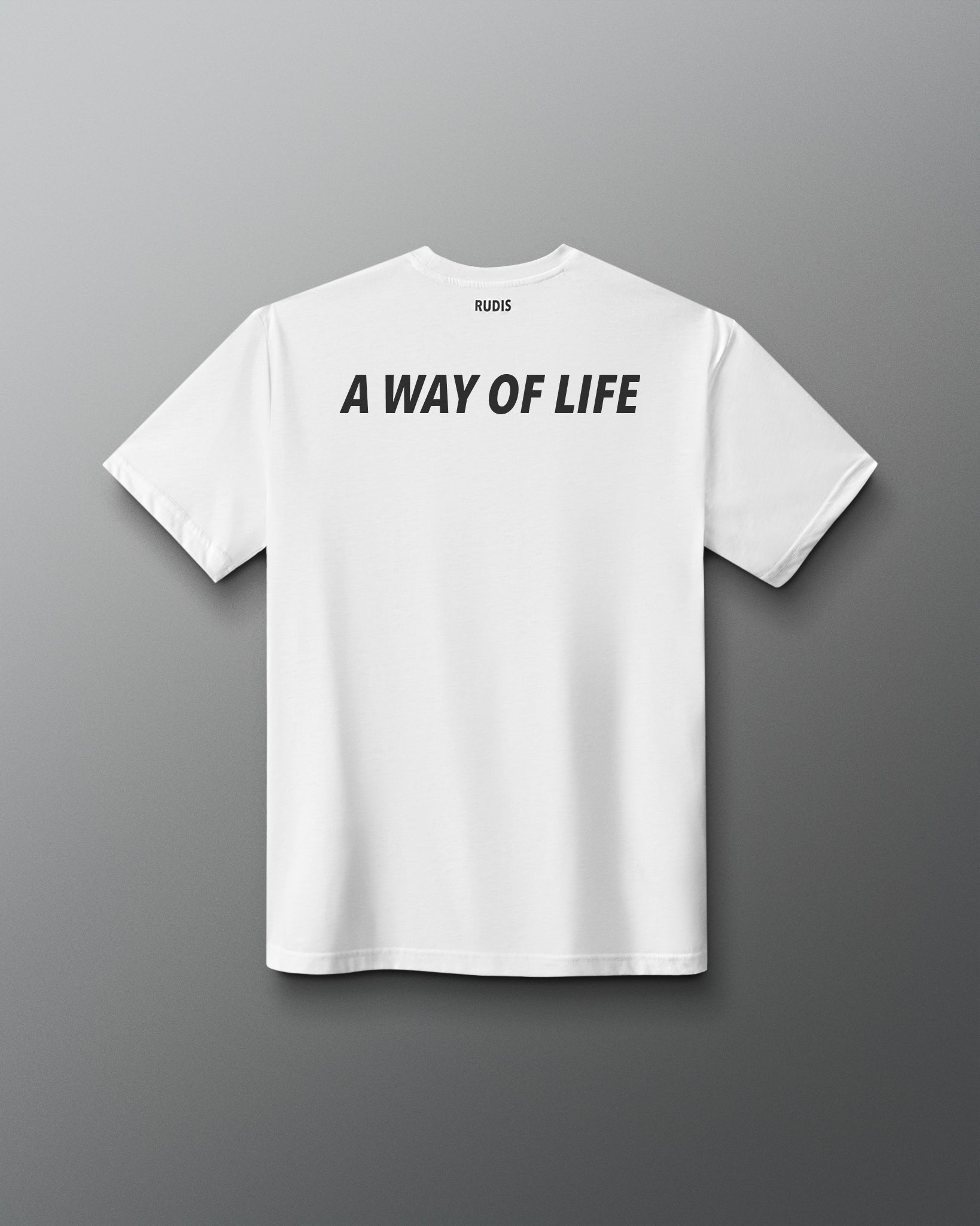 White t-shirt with 'A Way of Life' text on the back against a gray background