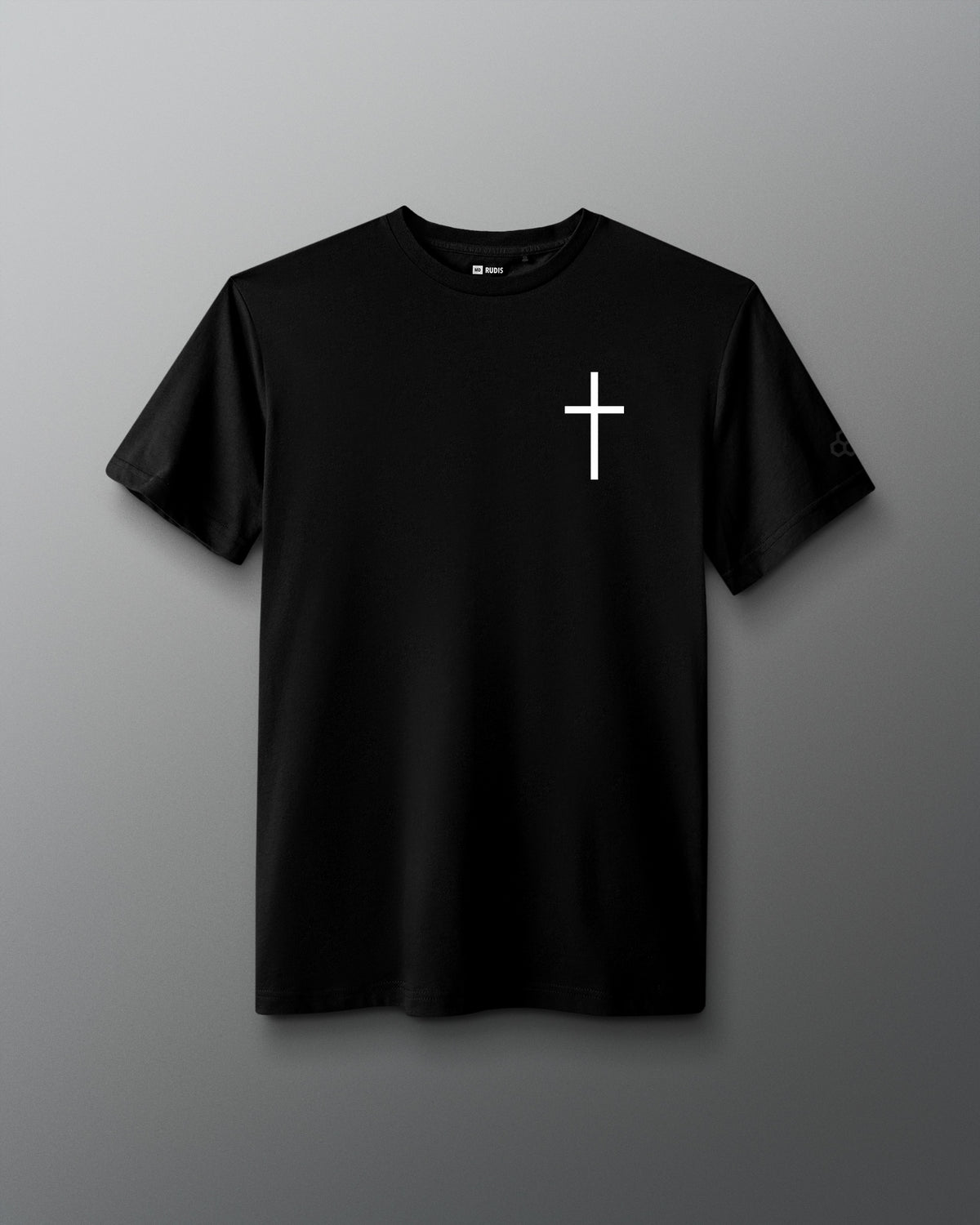 Black RUDIS Cross Elite Super Soft T-Shirt featuring a white cross chest graphic and tonal RUDIS sleeve branding.