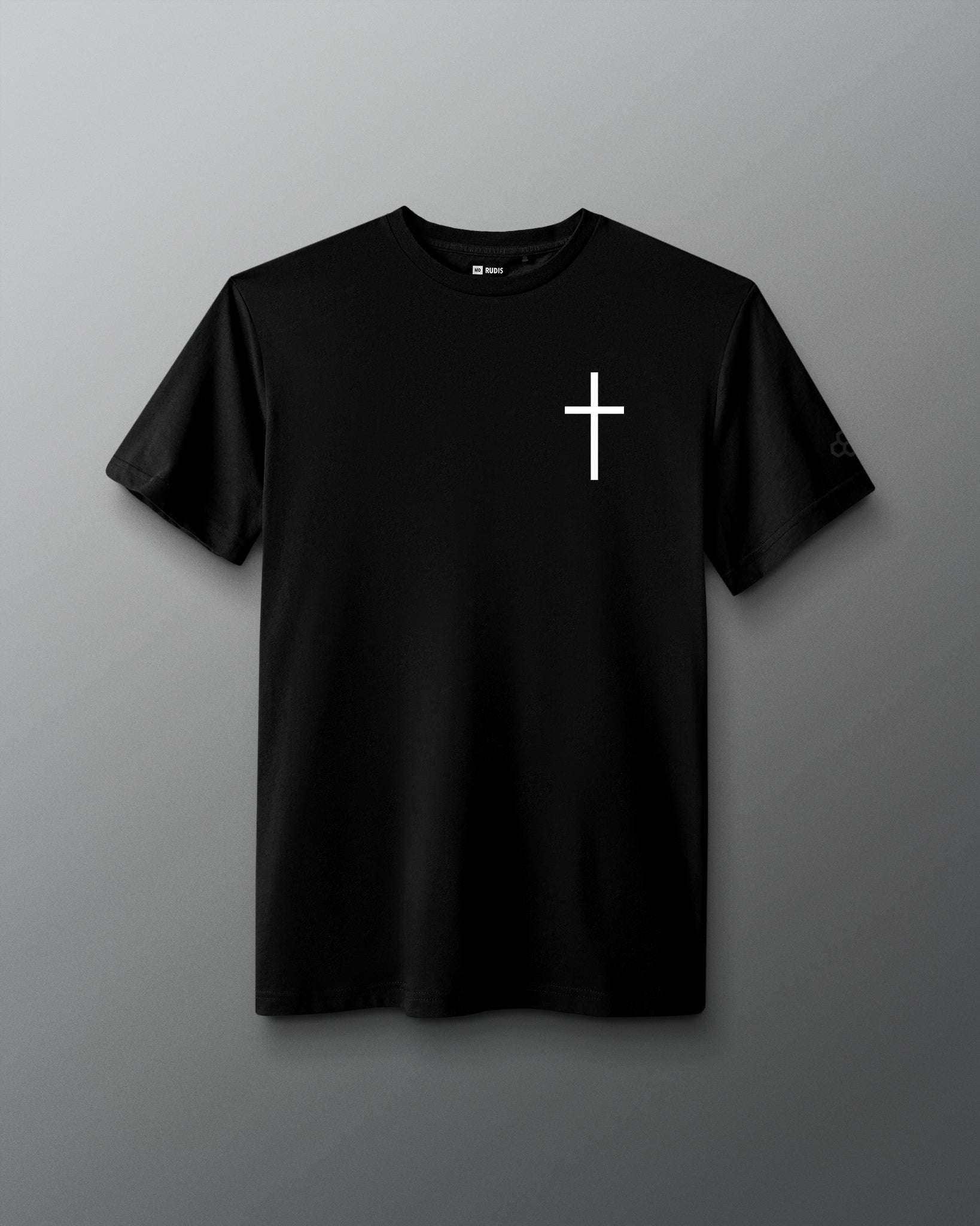 Black RUDIS Cross Elite Super Soft T-Shirt featuring a white cross chest graphic and tonal RUDIS sleeve branding.