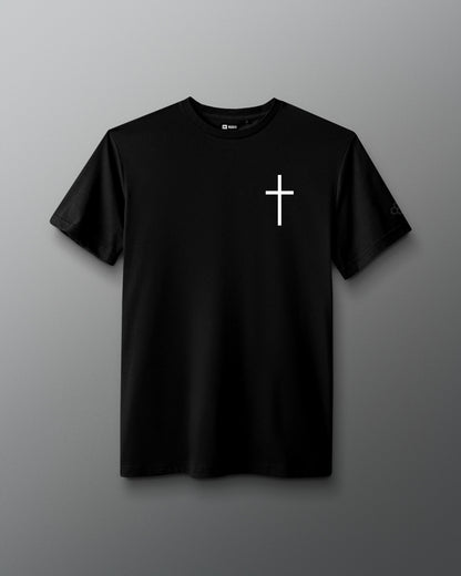 Black RUDIS Cross Elite Super Soft T-Shirt featuring a white cross chest graphic and tonal RUDIS sleeve branding.