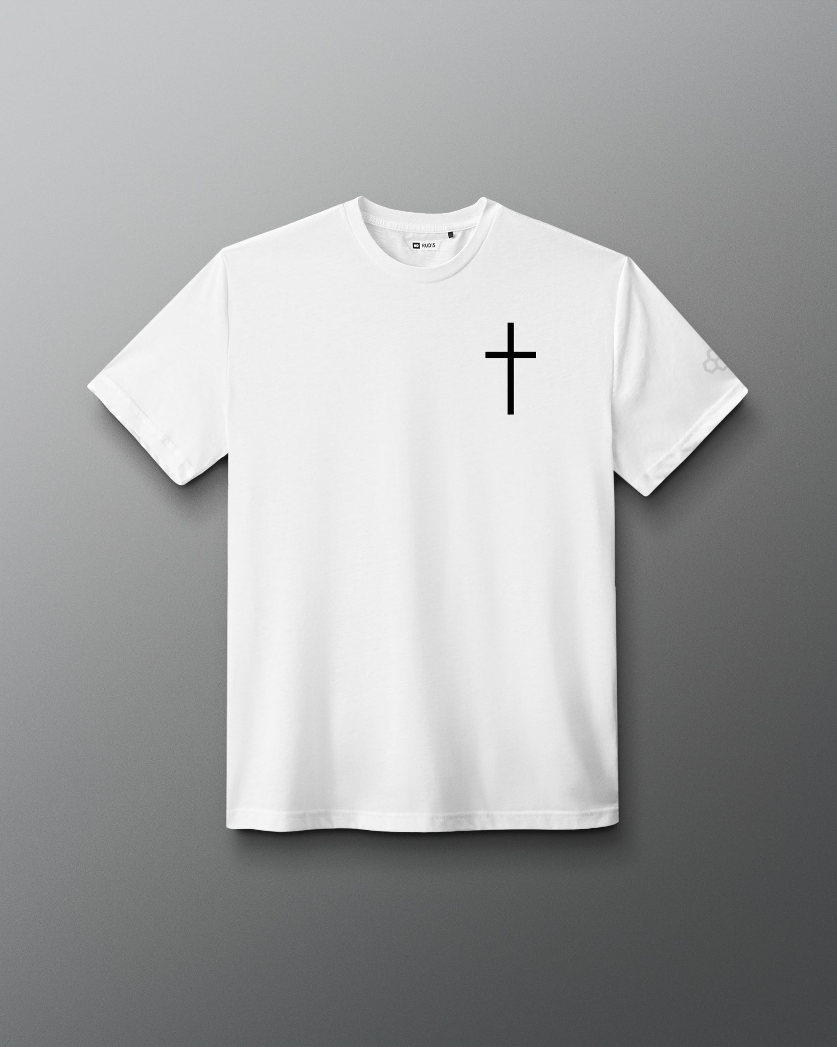 White RUDIS Cross Elite Super Soft T-Shirt featuring a black cross chest graphic and subtle RUDIS sleeve branding.