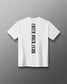 Back of the white RUDIS Cross Elite Super Soft T-Shirt featuring vertical black “Faith Over Fear” lettering and RUDIS neck branding.
