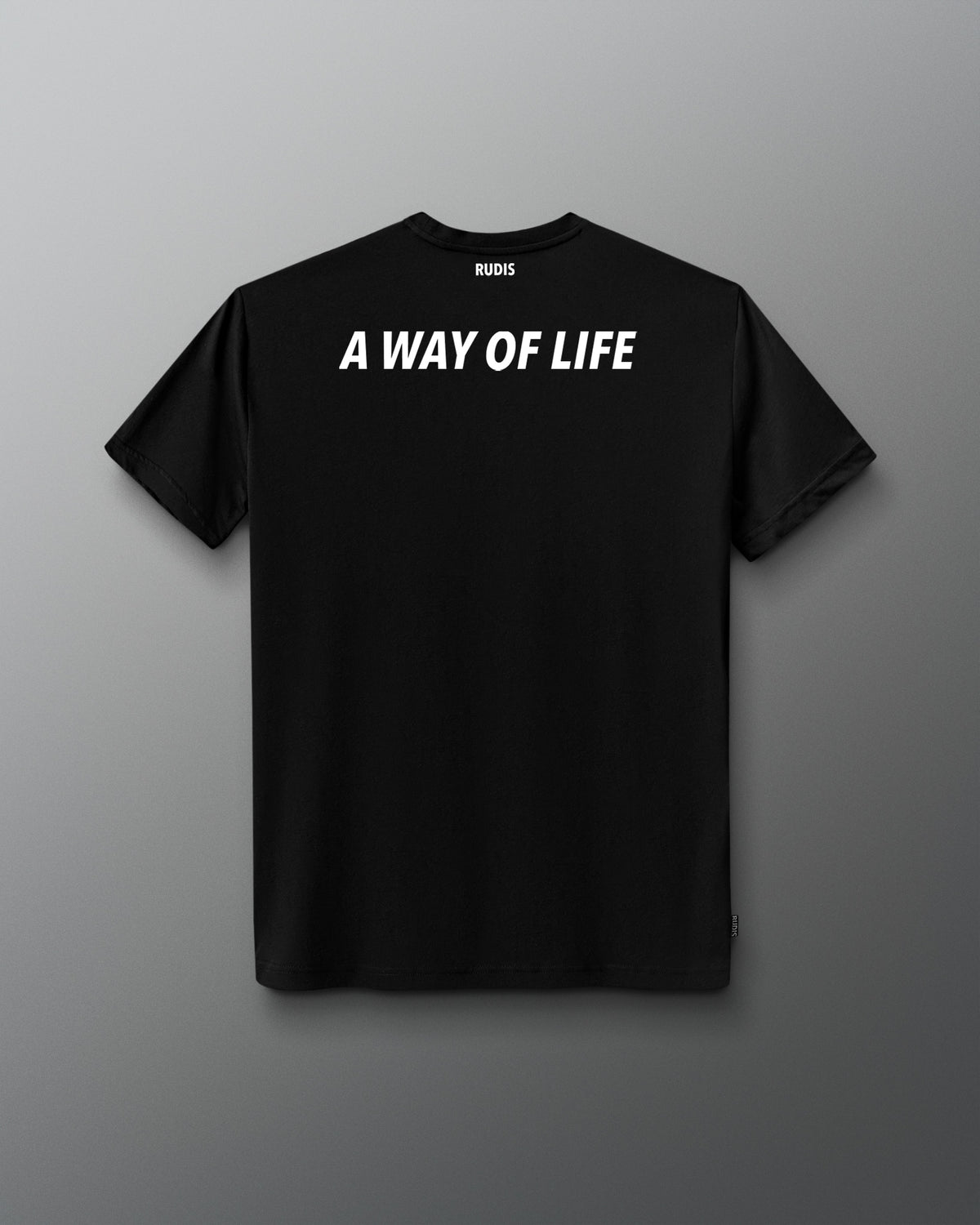 Back view of the black RUDIS Core Flag Elite Super Soft T-Shirt featuring bold white “A WAY OF LIFE” lettering across the upper back with RUDIS branding at the neckline.