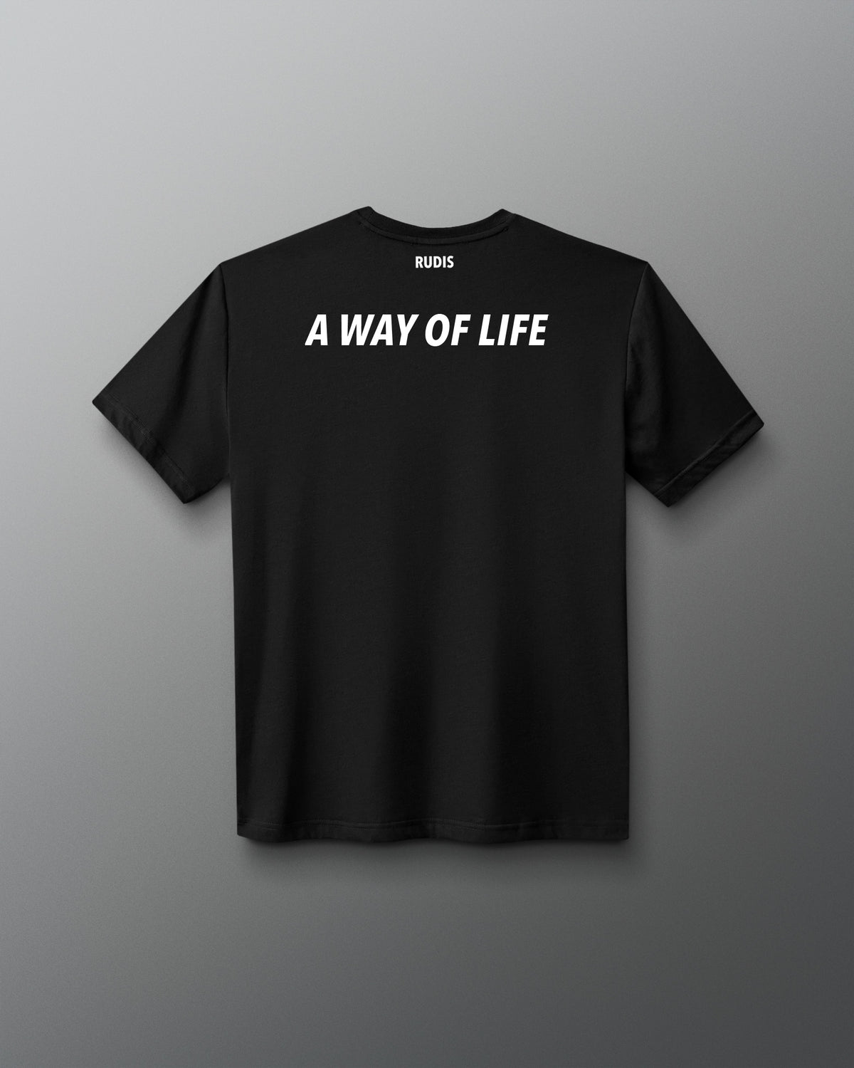 A black short-sleeve t-shirt with 'A WAY OF LIFE' printed in white across the chest and a small 'RUOIS' brand logo above it, displayed against a dark gray gradient background.