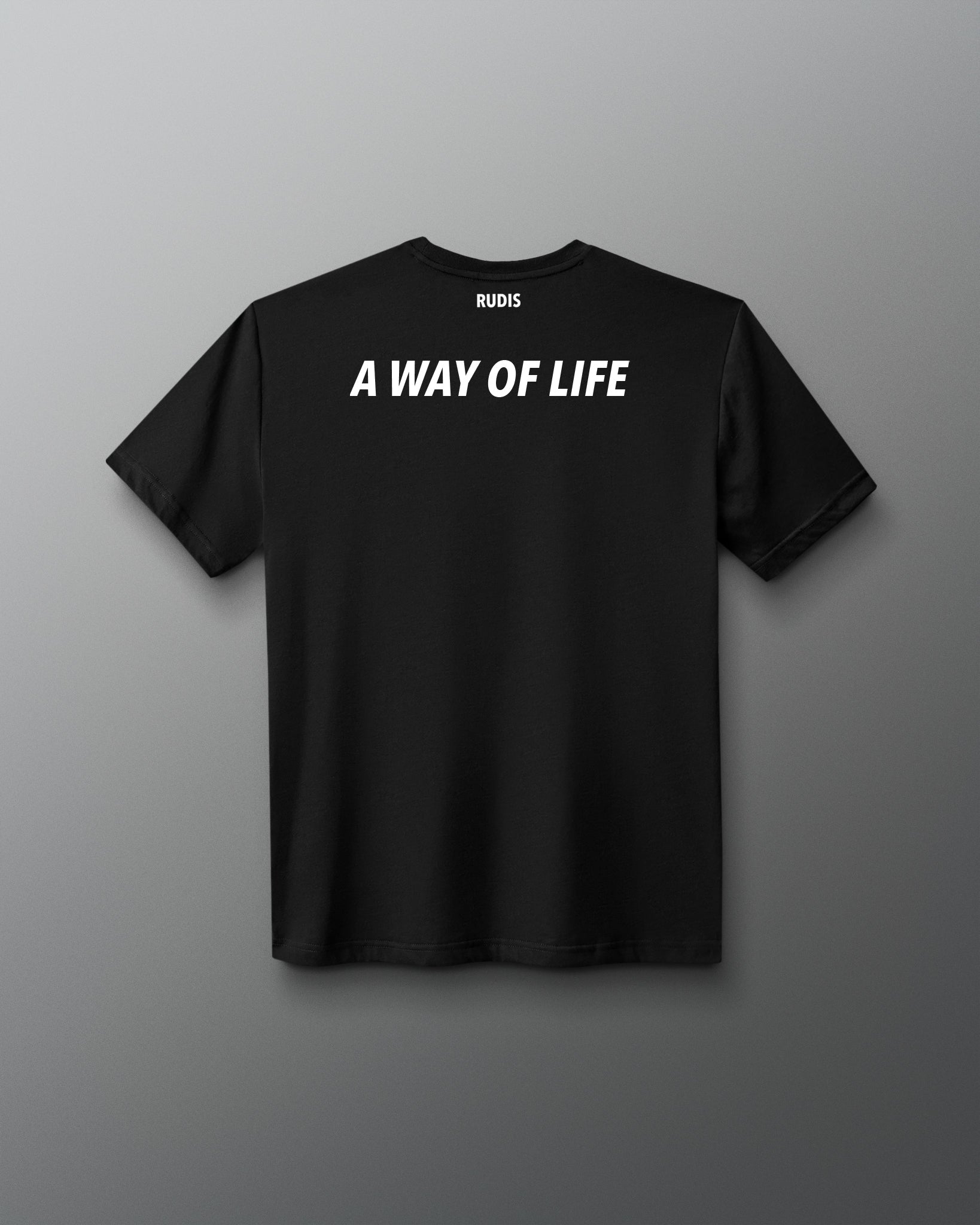 A black short-sleeve t-shirt with 'A WAY OF LIFE' printed in white across the chest and a small 'RUOIS' brand logo above it, displayed against a dark gray gradient background.