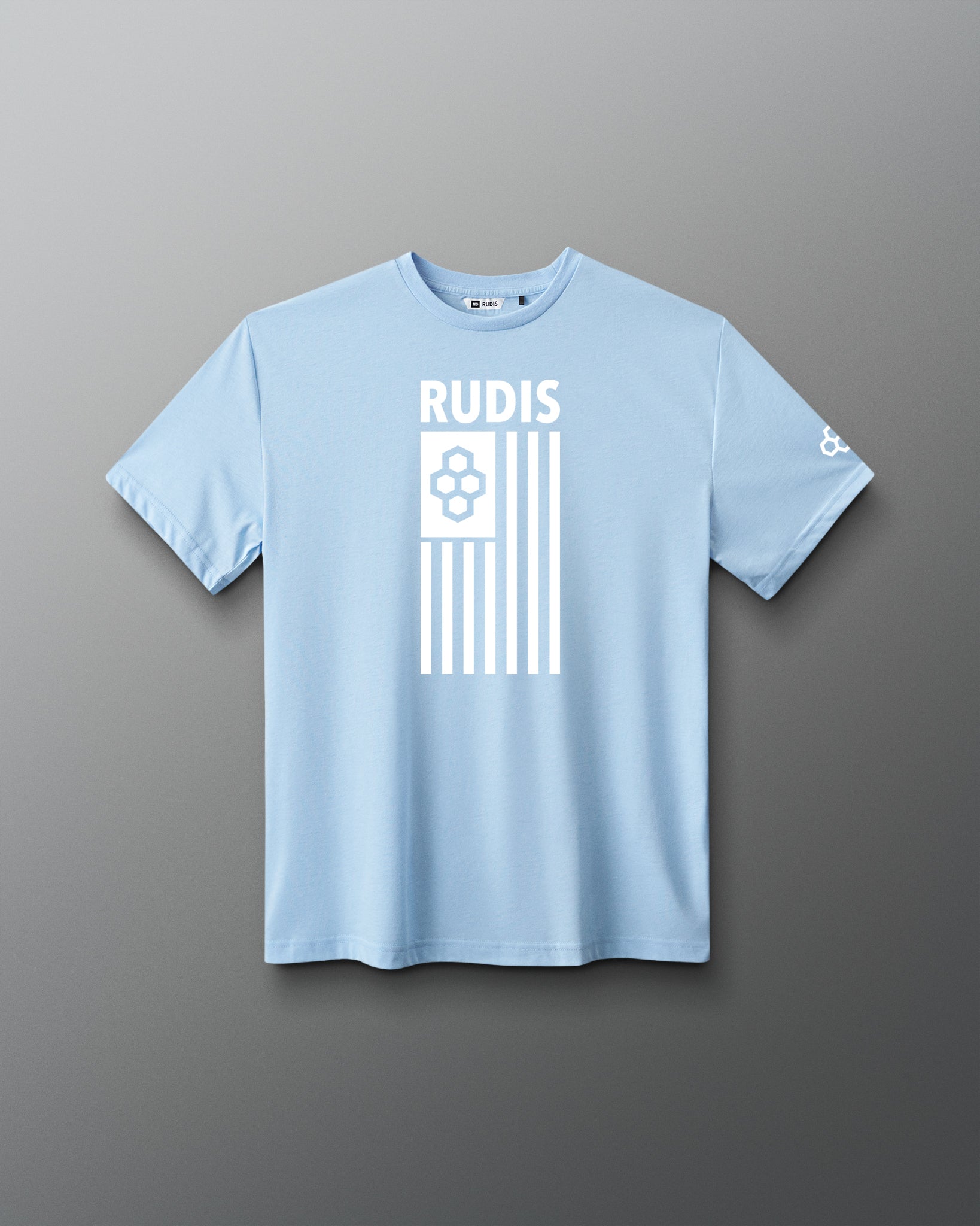 A light blue short-sleeve crewneck t-shirt with a white graphic print on the front reading 'RUDIS' above a vertical striped flag design, displayed on a neutral gray background.