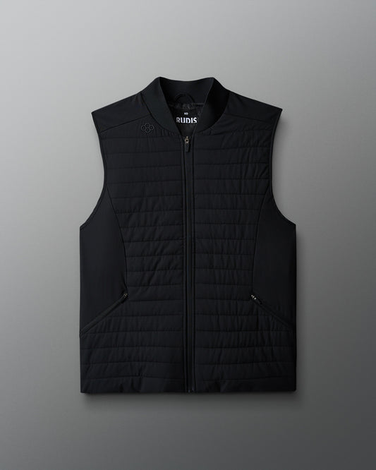 A black puffer vest with a rib collar, two front zip pockets, and an internal chest pocket. It is displayed against a neutral background.
