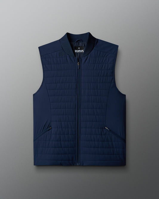 Navy blue puffer vest with a round neckline and zippered front.