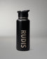 A matte black insulated water bottle with a flip-top lid, featuring the brand name 'RUDIS' printed vertically in a light beige sans-serif font on the front, set against a neutral gray studio background.