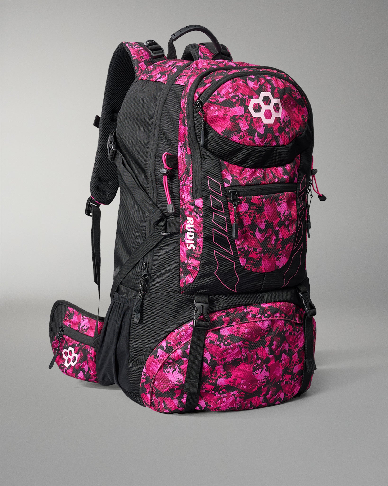 RUDIS Genesis Gearpack IV Pink Power backpack in black and pink camo design, built for wrestlers with spacious compartments, durable construction, and performance-ready style.