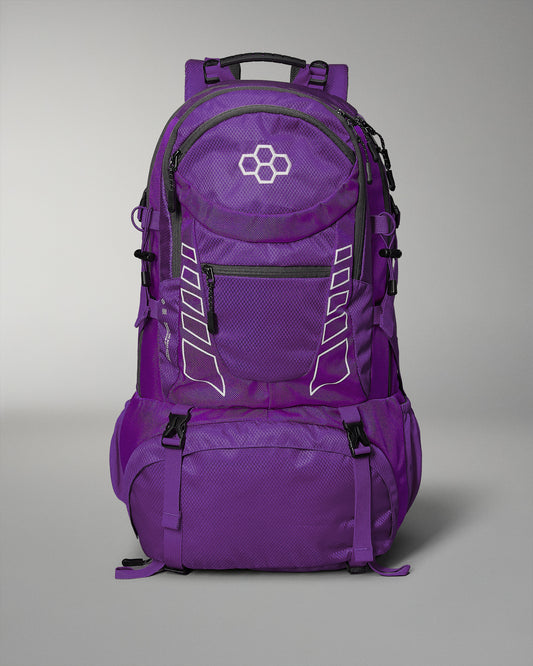 A vibrant purple backpack with a hexagonal logo, featuring multiple compartments for organized storage and adjustable side straps against a soft gray background.