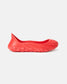 This image showcases a vibrant red slip-on shoe with a sleek design and a textured rounded sole