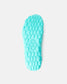 A top view of a bright turquoise sneaker sole featuring a textured grip pattern and a honeycomb design at the center