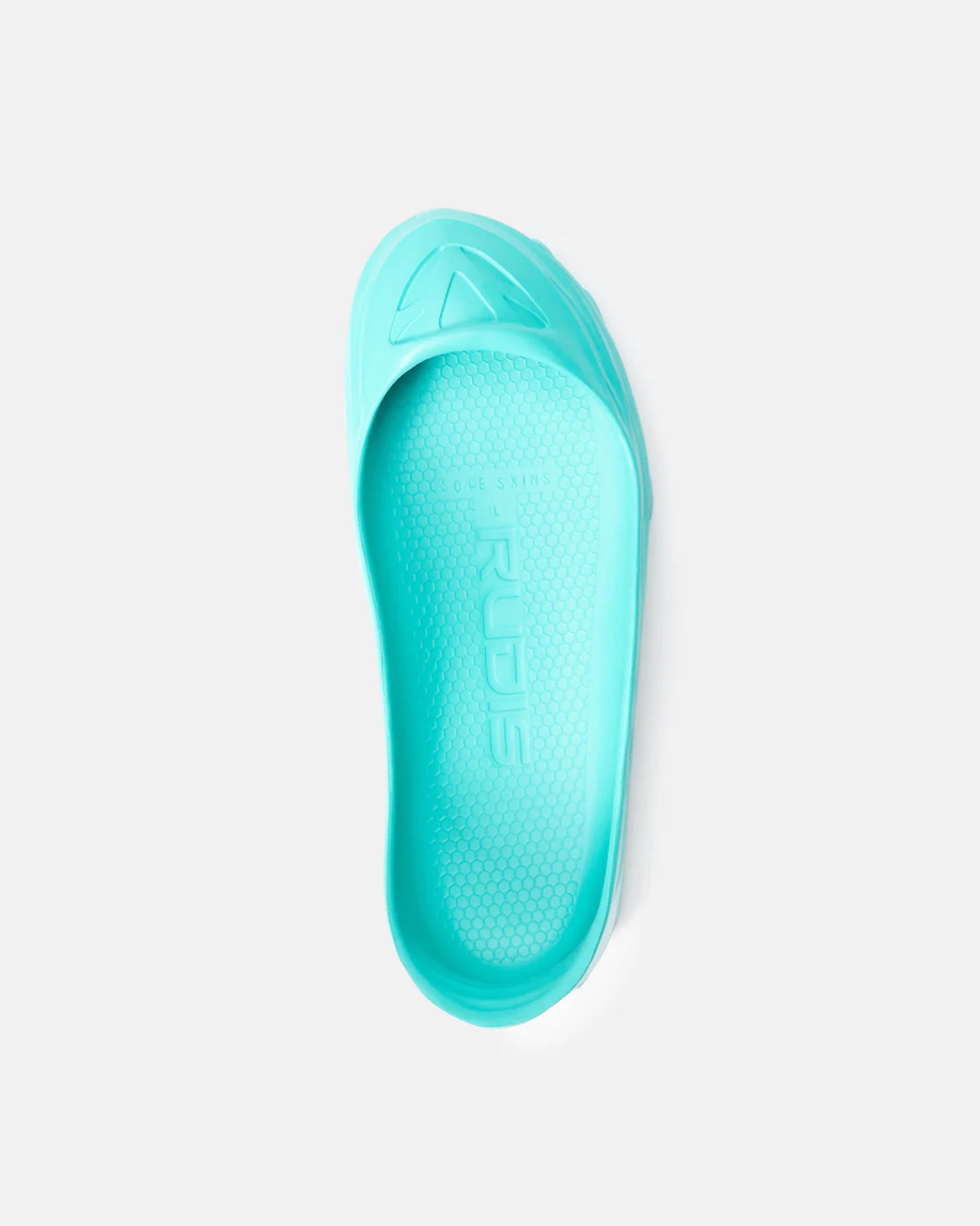 A top view of a vibrant aqua slip-on shoe featuring a textured insole and a sleek design ideal for casual wear