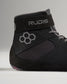 This image features a close-up of a black wrestling shoe from Rudis showcasing its modern design and unique logo elements
