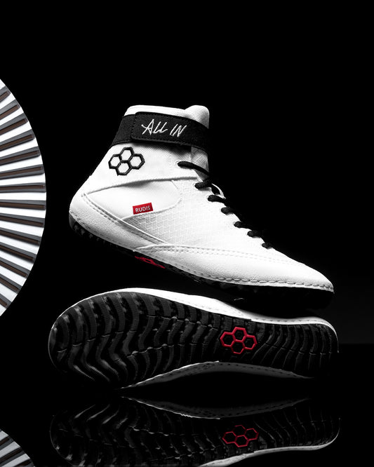 RUDIS Samurai Speed wrestling shoes All In colorway in white with black accents built for speed, agility, and consistent traction in every position