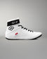 White wrestling shoe with black accents on a gray background
