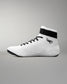 White wrestling shoe with black accents on a gray background