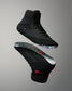 Angled views of RUDIS Samurai Speed Wabi-Sabi wrestling shoes featuring black mesh uppers, ankle straps, red embroidery, and illustrated translucent outsoles.