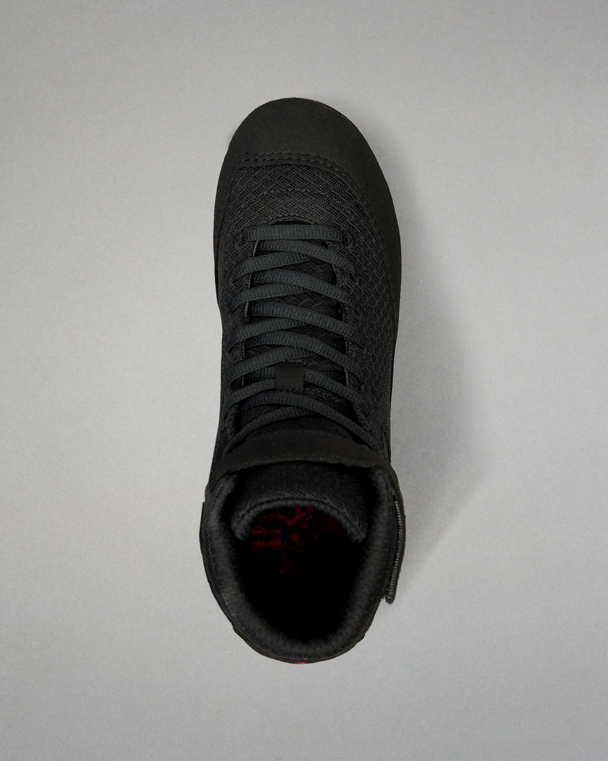 Top view of the RUDIS Samurai Speed Wabi-Sabi wrestling shoe, showing black laces, textured mesh upper, rounded toe, and padded ankle opening.