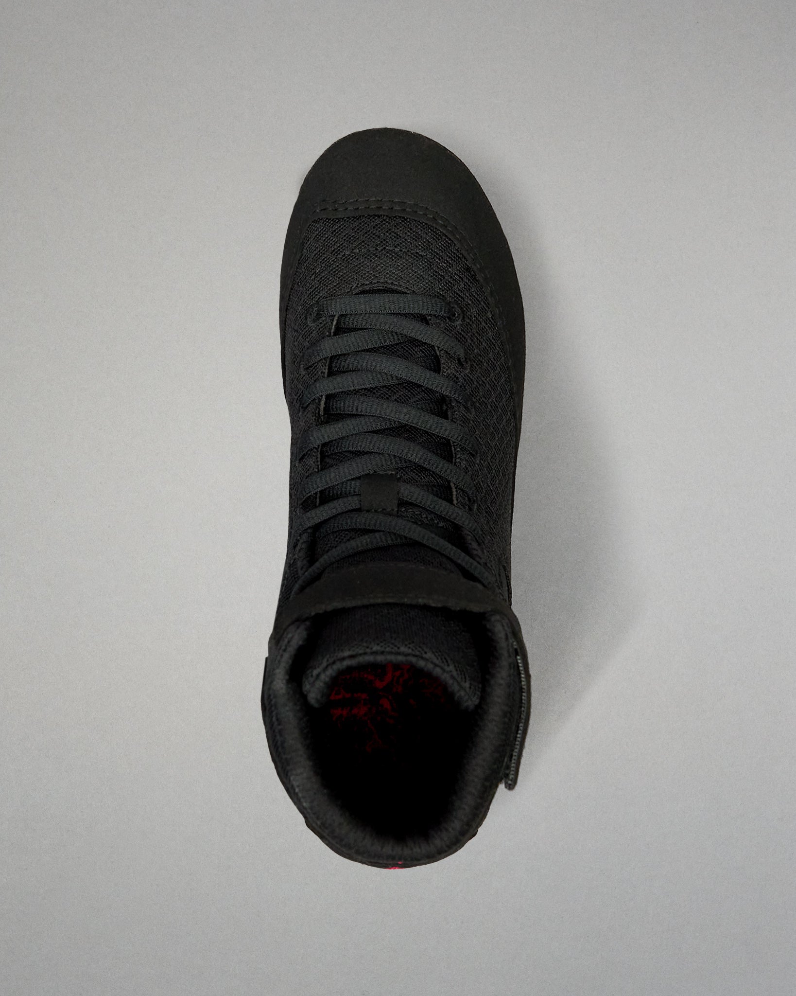 Top view of the RUDIS Samurai Speed Wabi-Sabi wrestling shoe, showing black laces, textured mesh upper, rounded toe, and padded ankle opening.