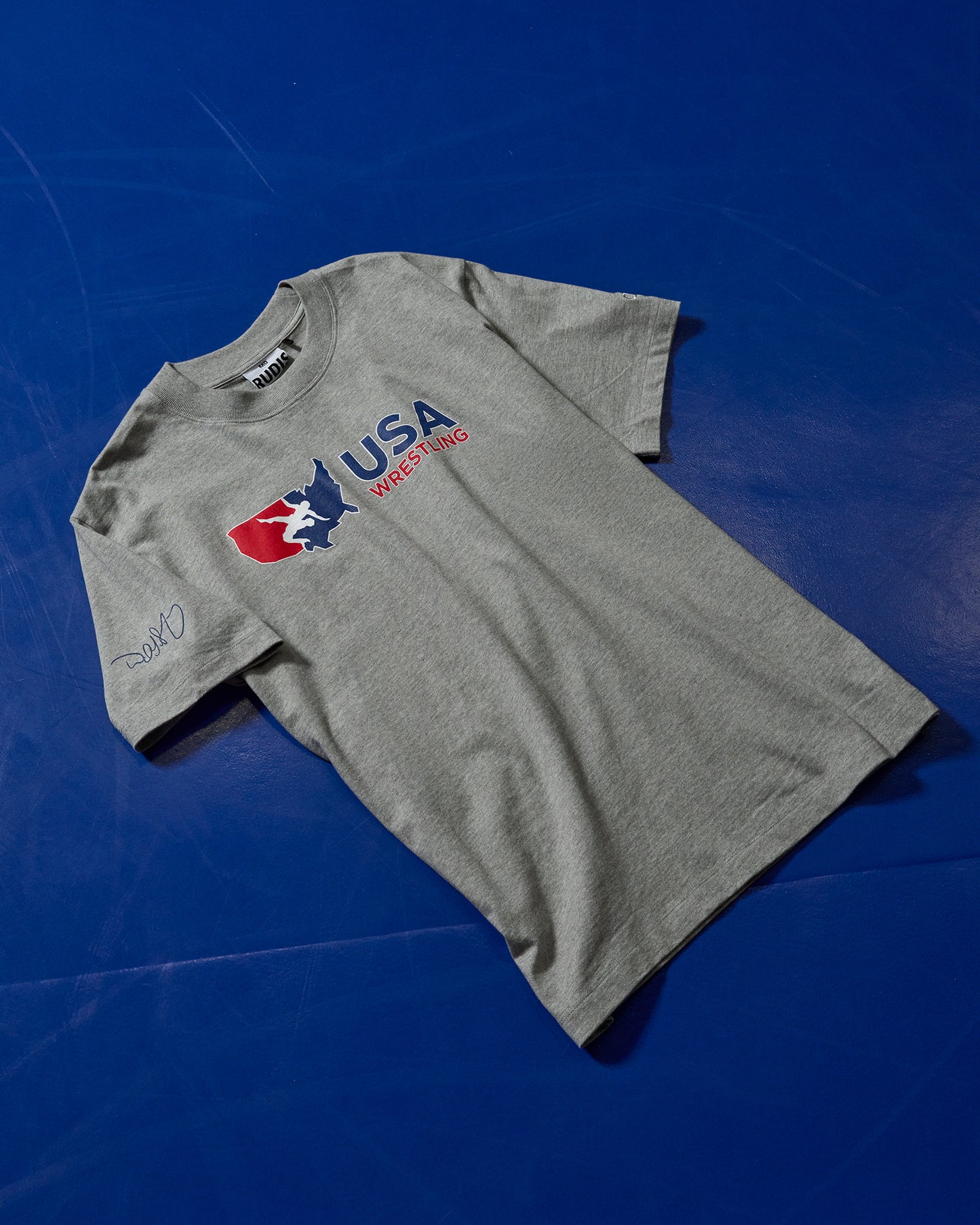 Gray t-shirt with USA logo on a blue background