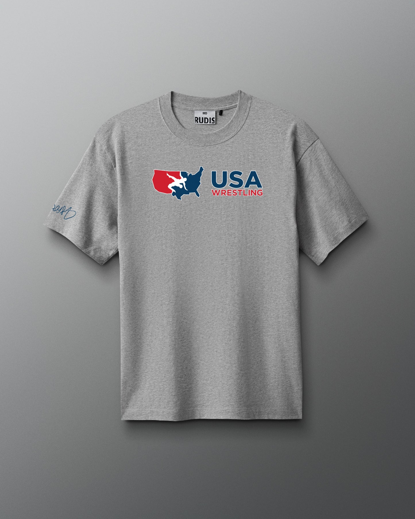 Gray t-shirt with USA Wrestling logo on a gray background