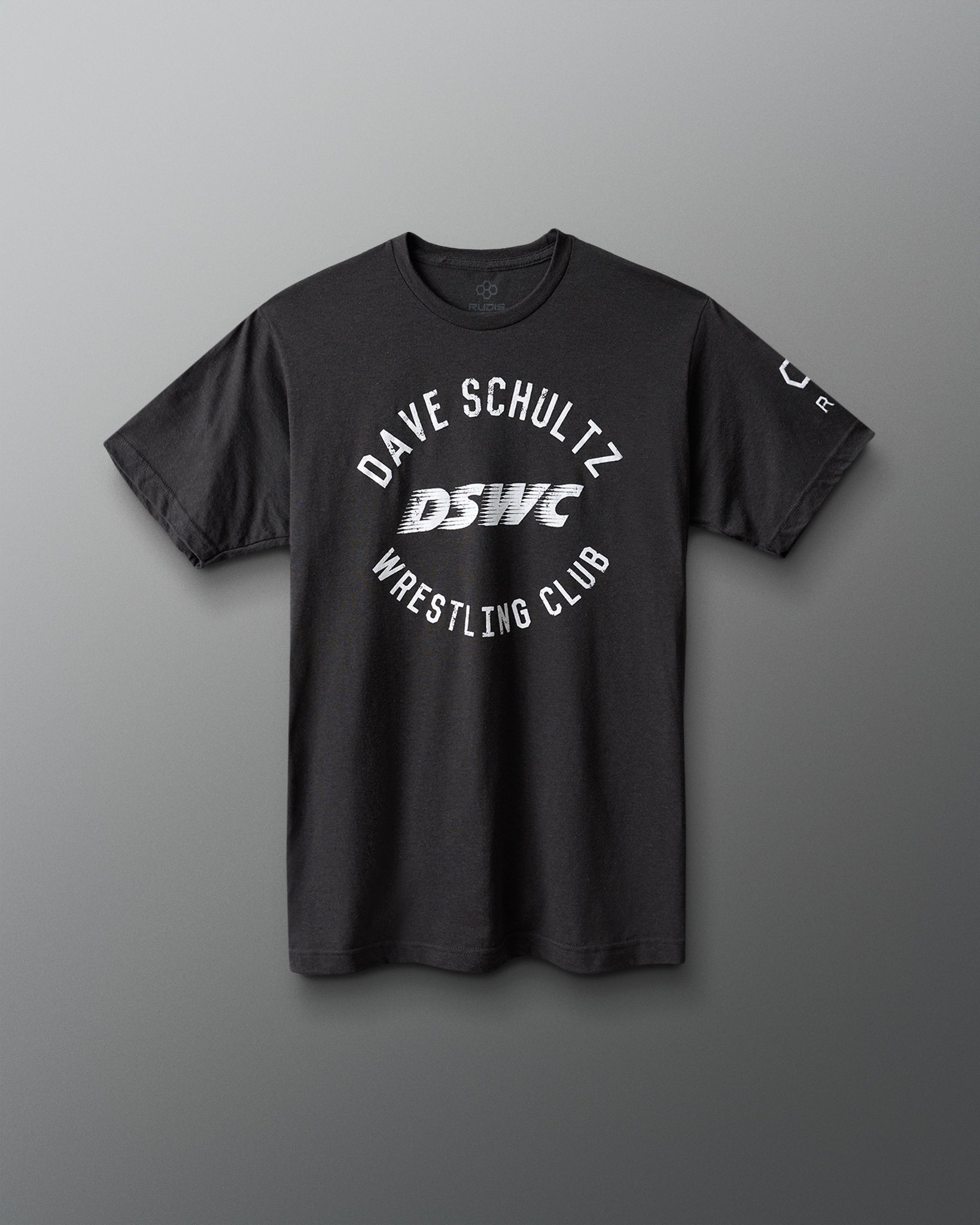 Black t-shirt with 'Dave Schultz Wrestling Club' text on a gray background