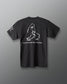 Black t-shirt with white graphic and text on a gray background