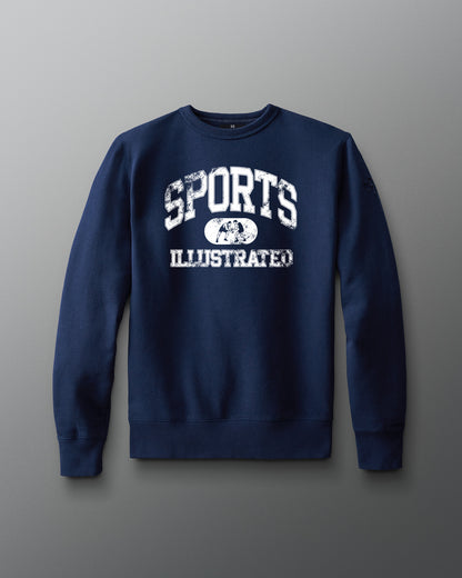 Navy blue sweatshirt with 'Sports Illustrated' text on a gray background