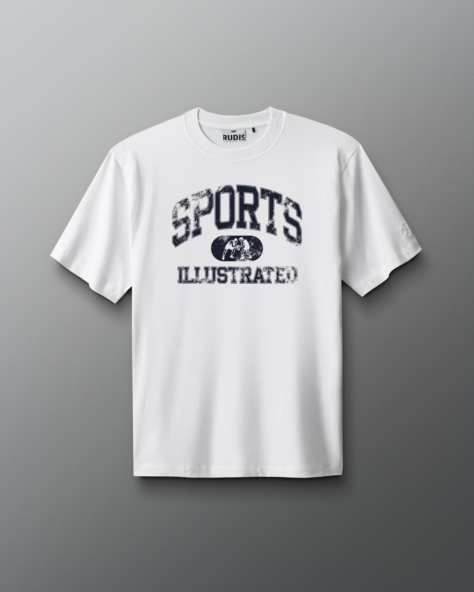 White t-shirt with 'Sports Illustrated' print on a gray background
