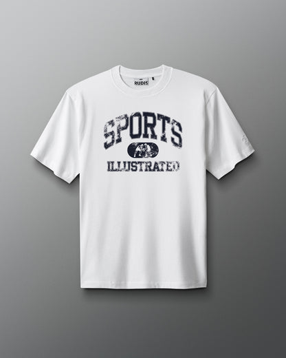 White t-shirt with 'Sports Illustrated' print on a gray background