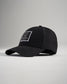 A stylish black cap featuring a minimalistic design with a logo patch on the front and a curved brim