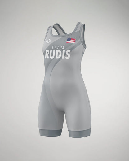 A gray wrestling singlet with 'TEAM RUDIS' and an American flag, designed for comfort and mobility during competitions.