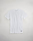 A plain white t-shirt displayed flat against a light background featuring a simple design and a small black logo at the hem