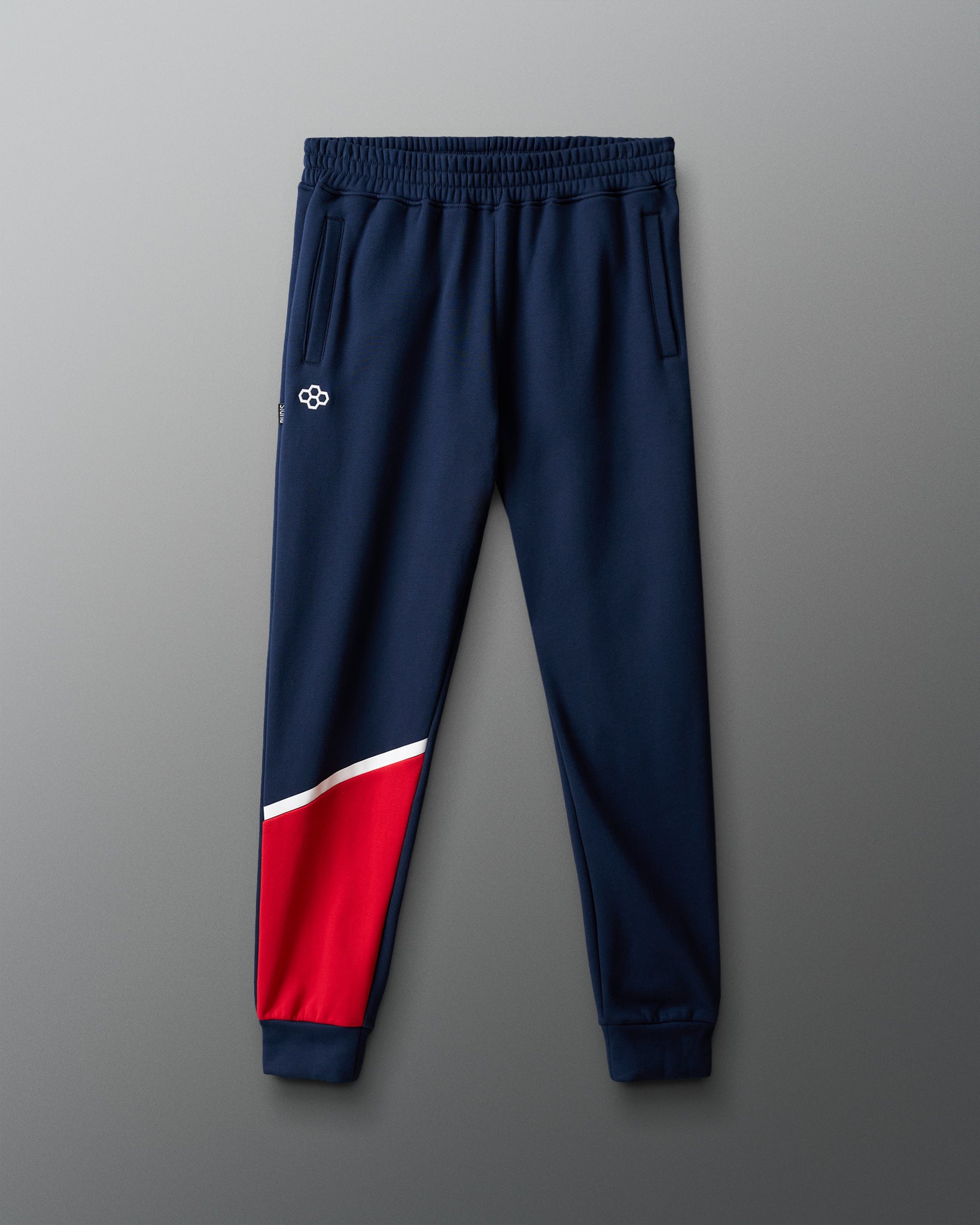 Navy blue jogger pants with red and white accents on a gray background