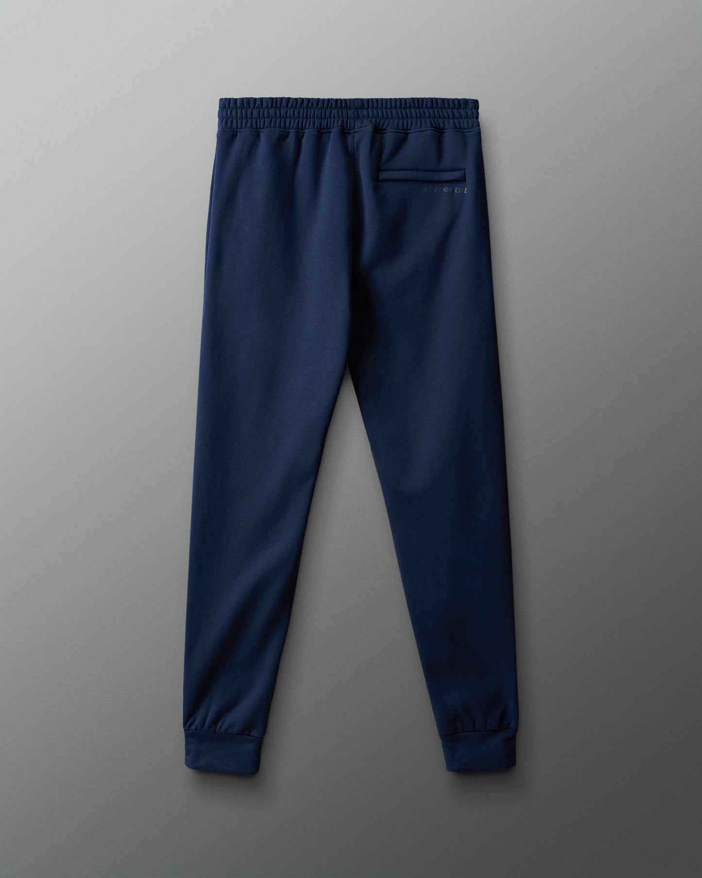 Navy blue jogger pants on a gray background