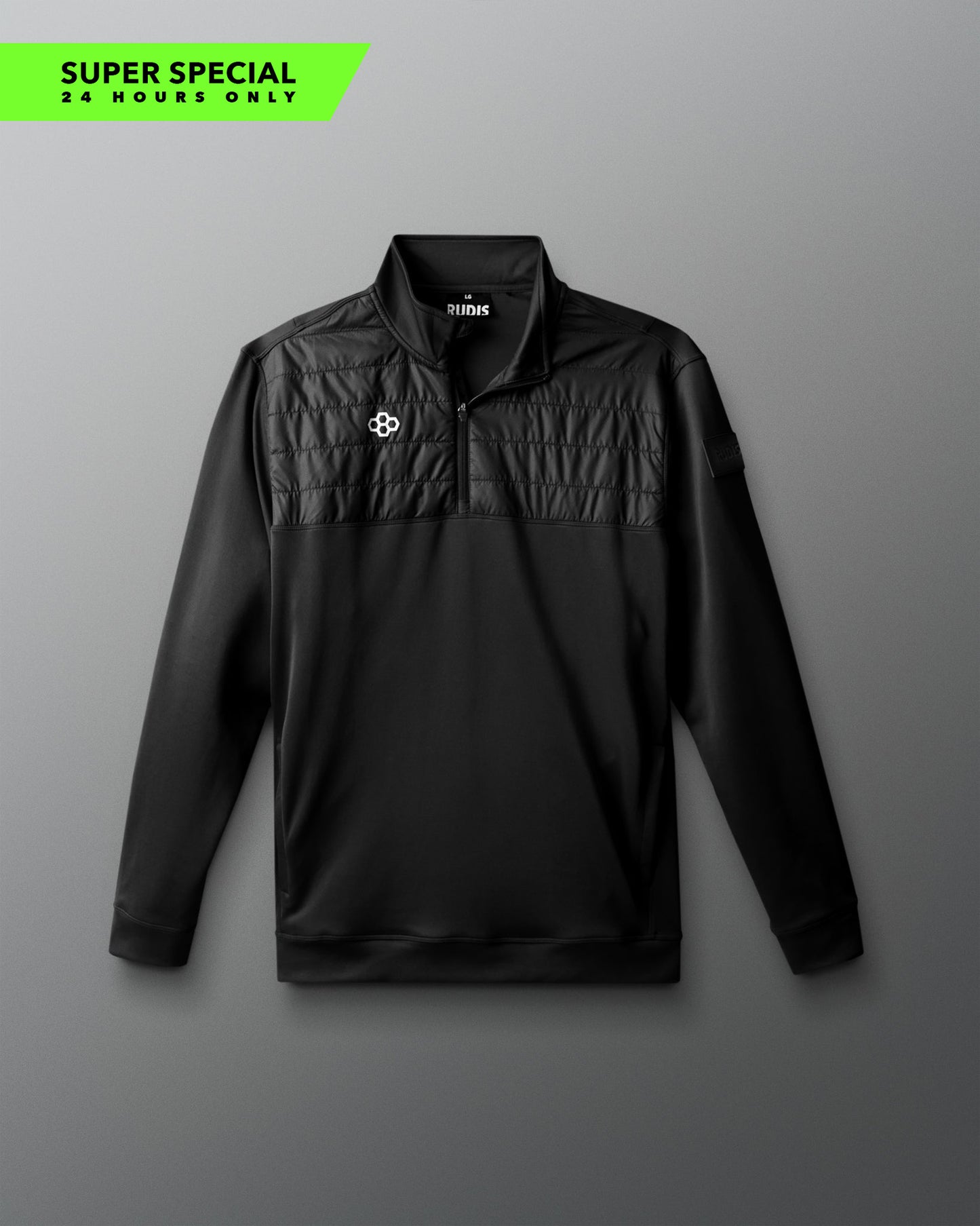 Black pullover with a logo on a gray background