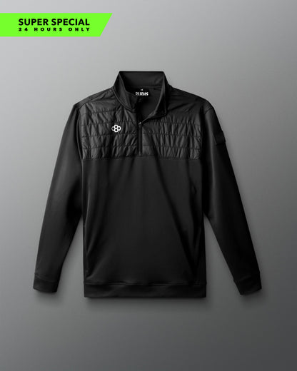 Black pullover with a logo on a gray background