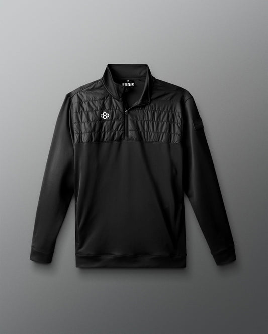 Black pullover with a logo on a gray background